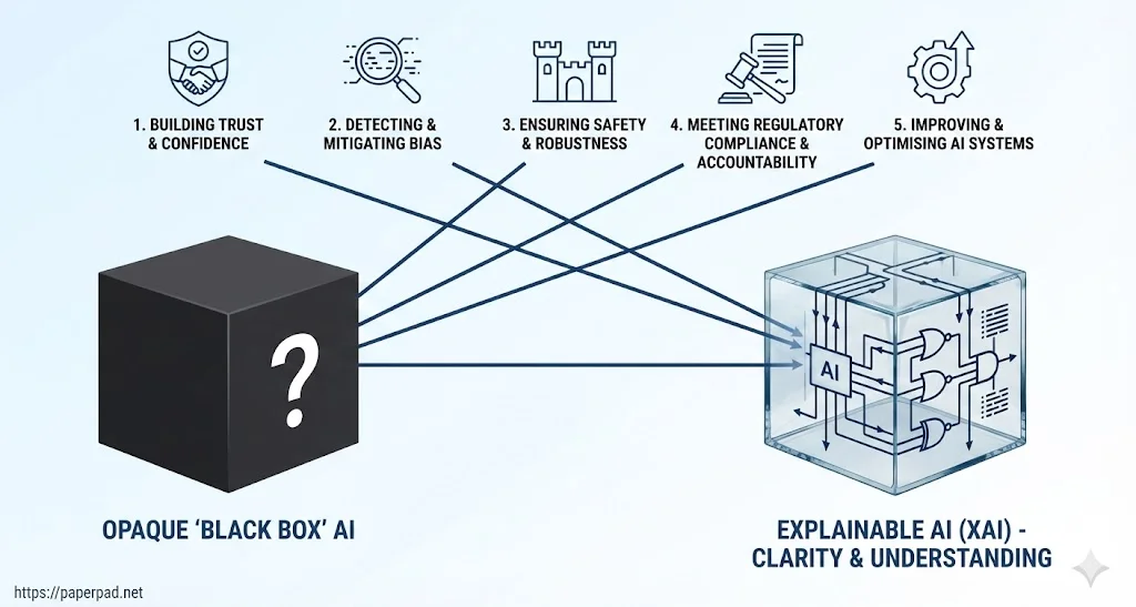 Comparison of an opaque Black Box AI cube and a transparent Explainable AI cube with five key value pillars.