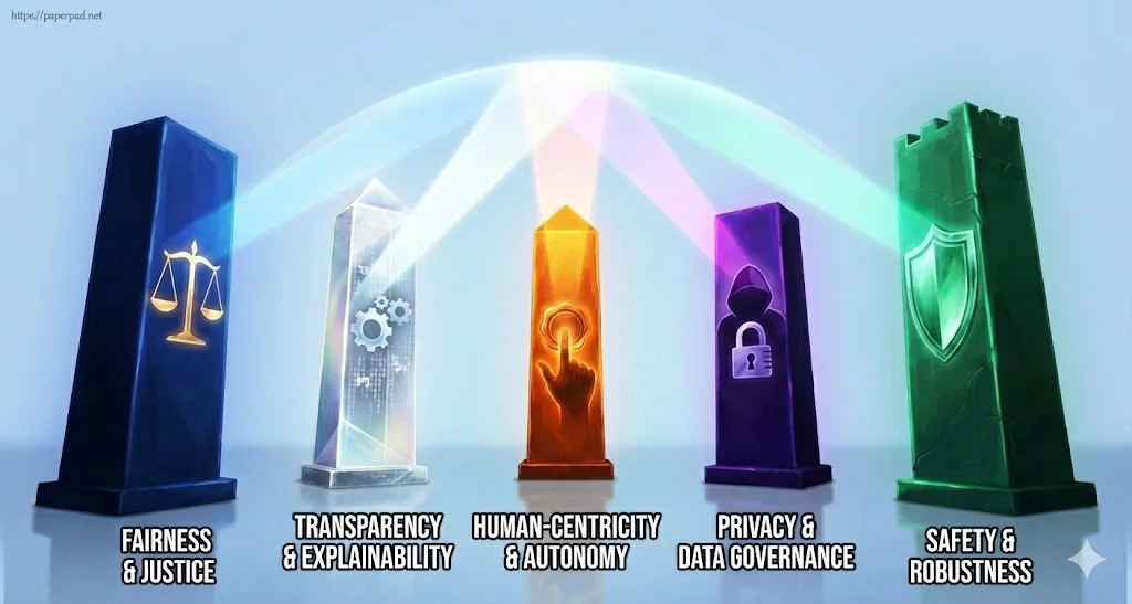 Five colored pillars representing AI ethics (Fairness, Transparency, Human-Centricity, Privacy, Safety) on a light blue background.
