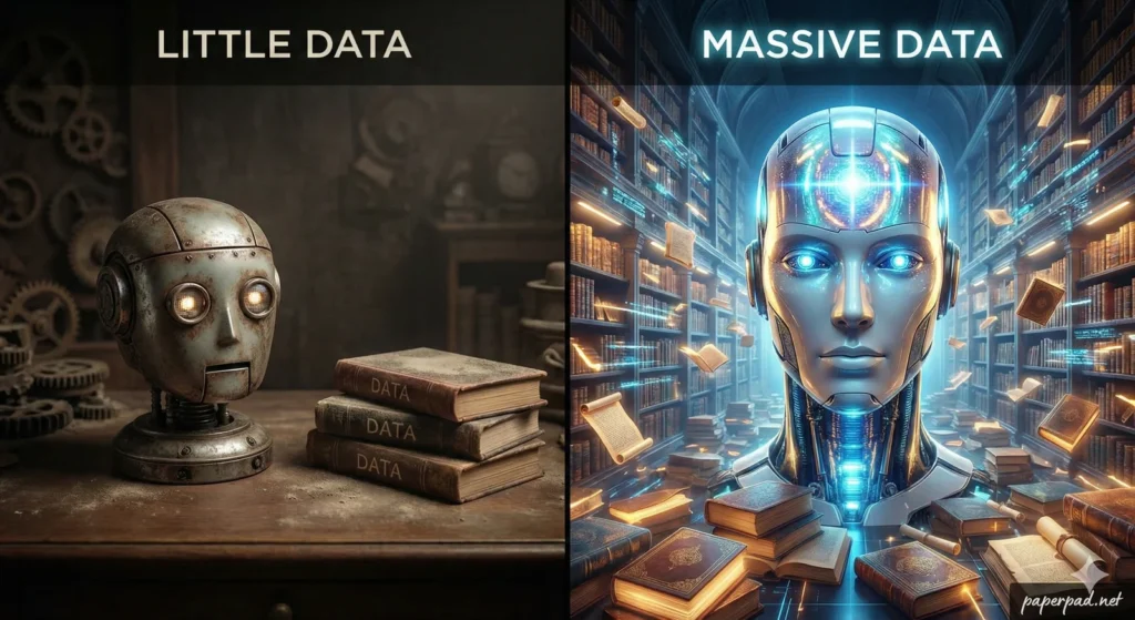 Two Robotic heads showing the concept of how Data powers AI