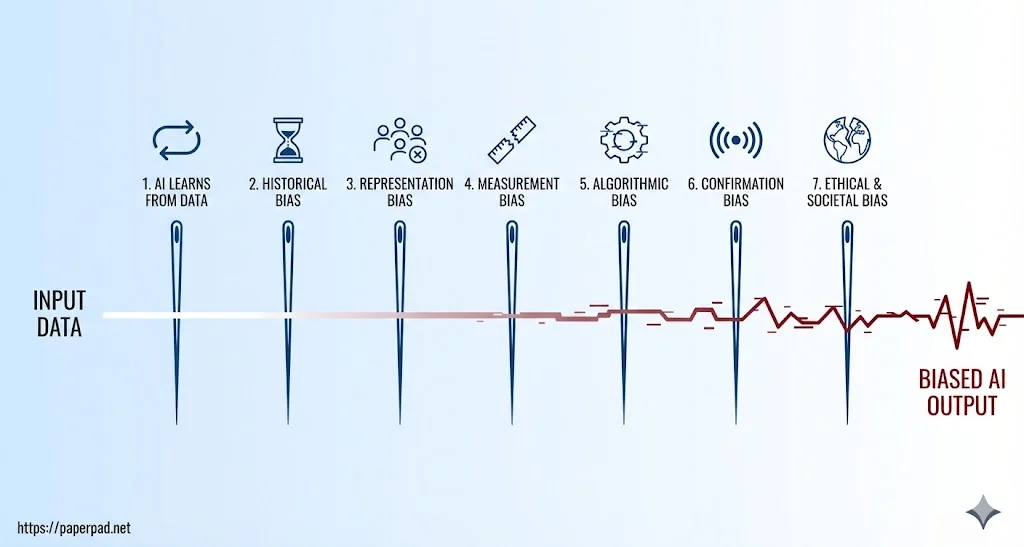Bias in AI Infographic illustrating how input data is distorted by seven types of bias (historical, representation, etc.), resulting in jagged, biased AI output on a light background.