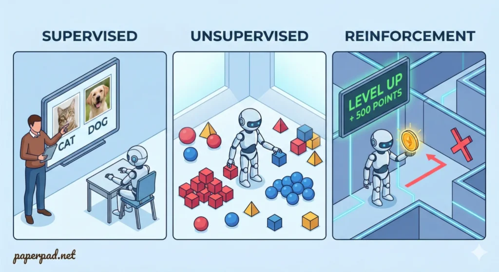 a image showing three distinct ways how ai learns