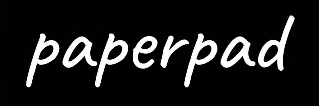 White "paperpad" text in a casual Caveat handwritten font on a solid black background.