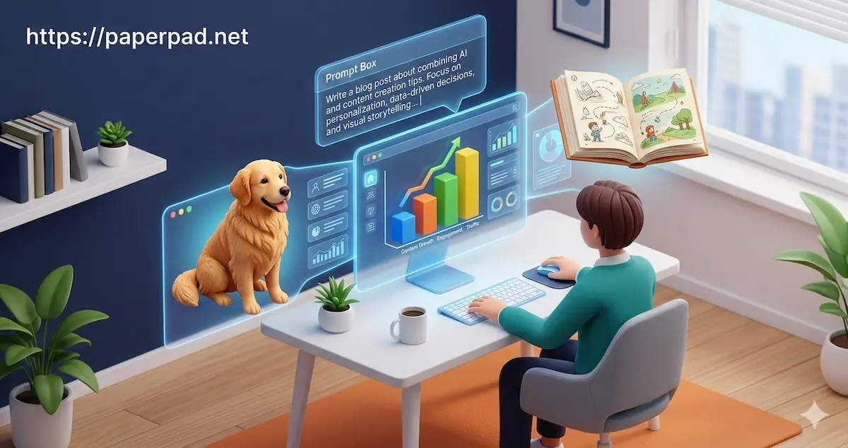 ai prompts: 3D isometric illustration of a person at a desk with a holographic screen showing a prompt box and emerging 3D elements: a dog, chart, and storybook.
