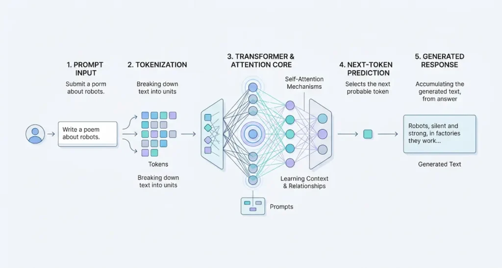 Illustration of how large language models work, showing text input breaking into tokens, passing through transformer attention layers, and generating an output response.