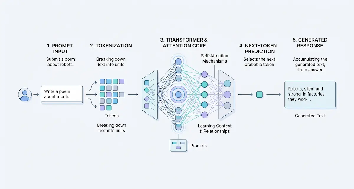 Illustration of how large language models work, showing text input breaking into tokens, passing through transformer attention layers, and generating an output response.