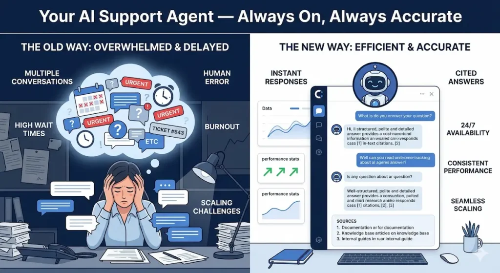 A split-screen infographic titled "Your AI Support Agent — Always On, Always Accurate" using a deep navy and white color palette. The left side, labeled "The Old Way," shows a stressed human agent at a desk surrounded by overflowing chat bubbles and urgent notifications. The right side, labeled "The New Way," features a sleek, calm digital dashboard where a chatbot provides organized responses with numbered citations and clear performance metrics.