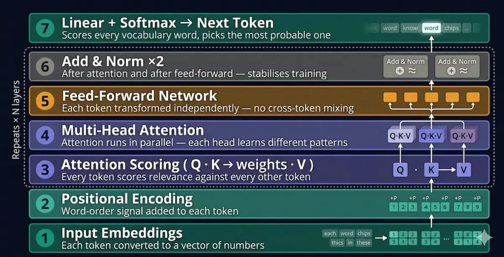 A detailed, step-by-step infographic illustrating the seven layers of a transformer architecture, from input embeddings to next token generation, highlighting the multi-head attention and feed-forward sections as a repeating block.
