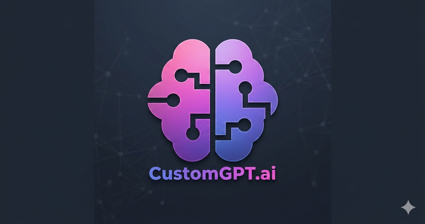 A central stylized logo of a human brain with integrated circuit patterns, rendered in a pink, purple, and blue gradient. Below the brain, the text "CustomGPT.ai" is visible. The logo and text are prominent against a dark background with a faint network pattern.