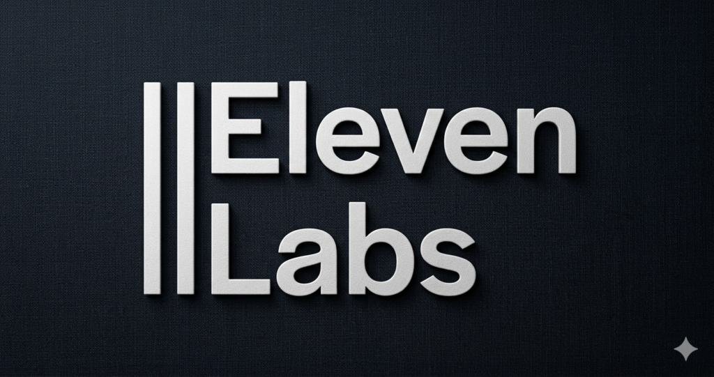 An enhanced, high-resolution rendering of the white 'Eleven Labs' text logo, centered and magnified within the central square area. The background is a clean, deep textured charcoal-black fabric. The double vertical bar symbol from the original logo is perfectly retained and centered. The entire visual is sharp and clear.
