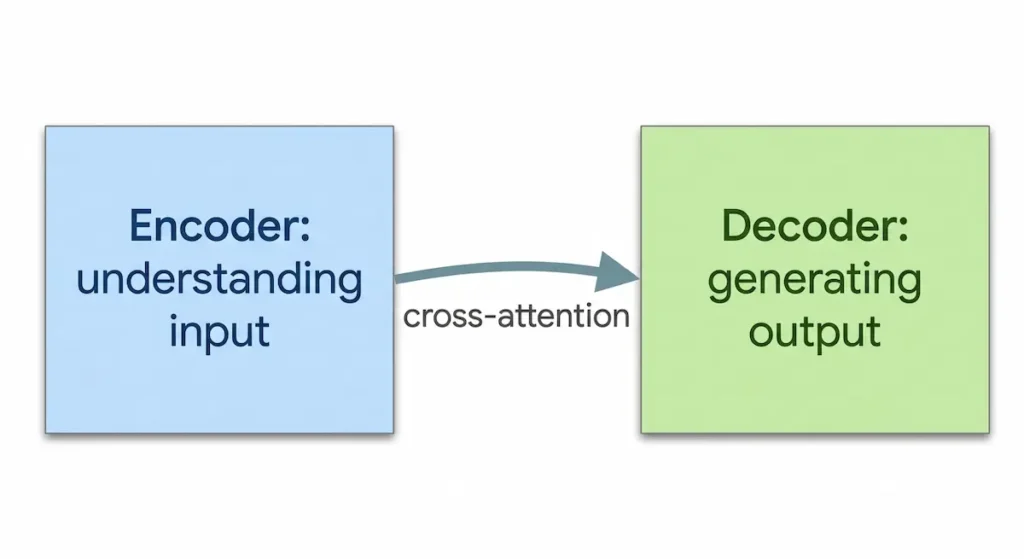 A diagram showing a light blue square labeled 'Encoder: understanding input' on the left, and a light green square labeled 'Decoder: generating output' on the right. A curved arrow points from the encoder to the decoder with the label 'cross-attention' next to it.