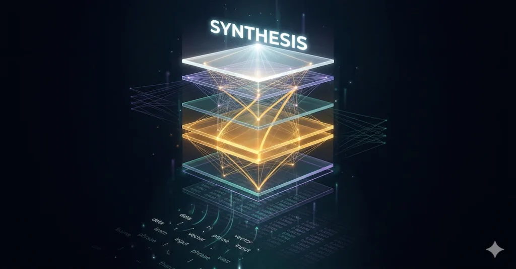 A glowing, multi-layered digital illustration of an AI model stack (Transformer Architecture) against a dark background. At the bottom, text tokens like "data", "input", and "phrase" transform into numerical data grids. Above this are four transparent, illuminated layers connected by amber and blue light pathways. The central layers have a strong orange/yellow glow. At the very top, above a final bright layer, the word "SYNTHESIS" is displayed in large, glowing white capital letters. The overall style is modern, dynamic, and technical.