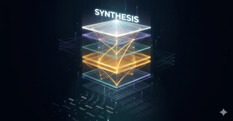 A glowing, multi-layered digital illustration of an AI model stack (Transformer Architecture) against a dark background. At the bottom, text tokens like "data", "input", and "phrase" transform into numerical data grids. Above this are four transparent, illuminated layers connected by amber and blue light pathways. The central layers have a strong orange/yellow glow. At the very top, above a final bright layer, the word "SYNTHESIS" is displayed in large, glowing white capital letters. The overall style is modern, dynamic, and technical.