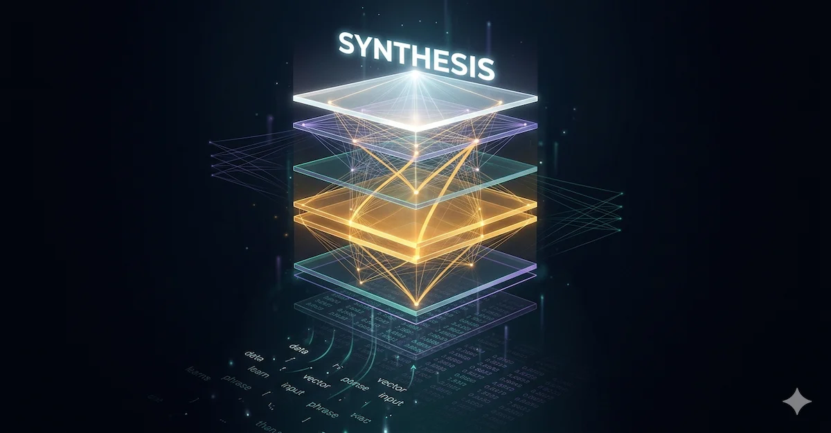 A glowing, multi-layered digital illustration of an AI model stack (Transformer Architecture) against a dark background. At the bottom, text tokens like "data", "input", and "phrase" transform into numerical data grids. Above this are four transparent, illuminated layers connected by amber and blue light pathways. The central layers have a strong orange/yellow glow. At the very top, above a final bright layer, the word "SYNTHESIS" is displayed in large, glowing white capital letters. The overall style is modern, dynamic, and technical.