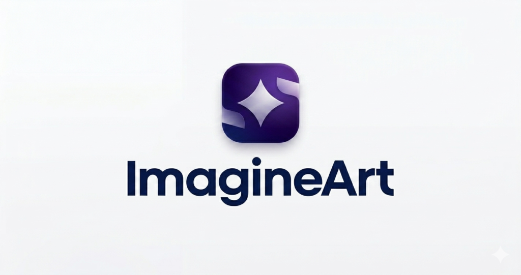 A high-quality, professional rendering of the ImagineArt logo, centered precisely within a 1200x628 canvas. The composition features the large, stylized purple gradient four-point star icon on the left, and the deep navy text "ImagineArt" on the right. Both elements are scaled to be large and prominent within the central square area. The entire graphic is set against a pure, clean white background.