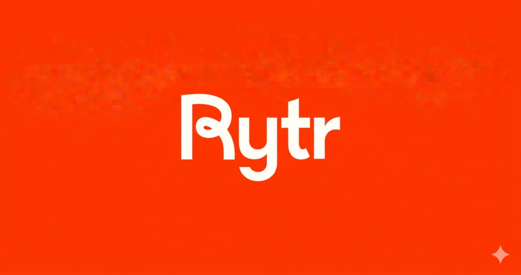 A central, clean, high-resolution white wordmark "Rytr" with its distinctive stylized loop detail, set against a plain solid orange background.