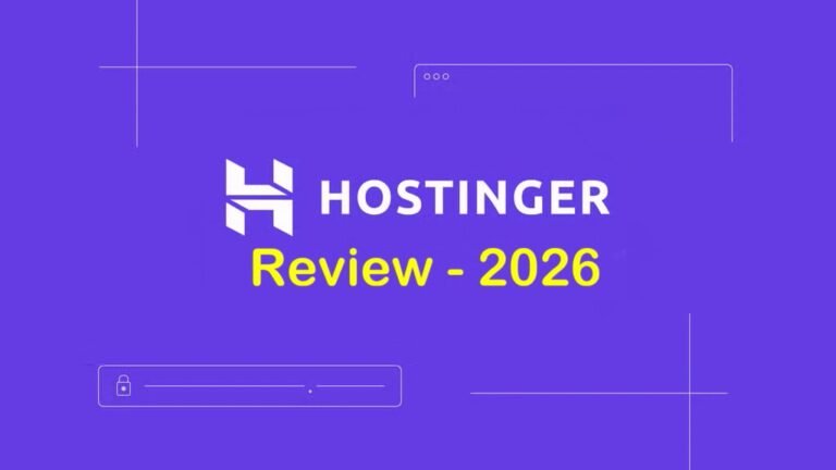 image with purple background with text hostinger review 2026