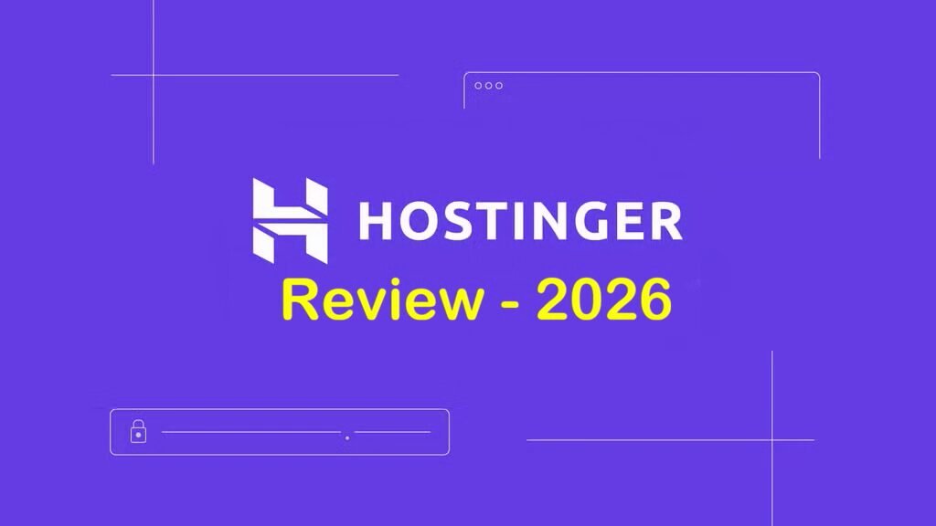 image with purple background with text hostinger review 2026