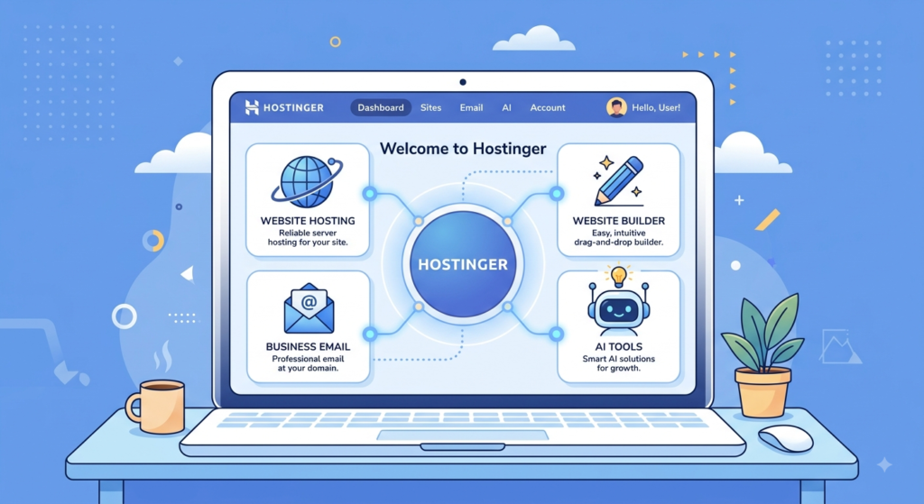 An illustration of a laptop screen displaying a Hostinger dashboard with four connected icons: website hosting, website builder, business email, and AI tools.