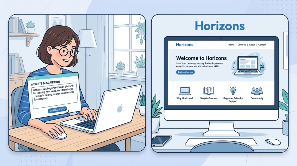 A two panel flat illustration showing a person typing a prompt on a laptop on the left, and the generated Horizons website displayed on a desktop screen on the right