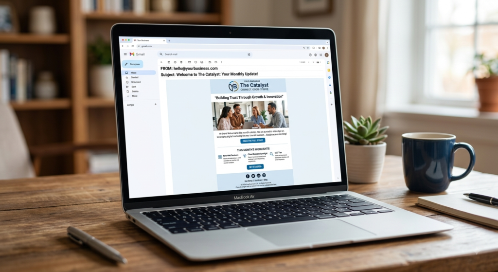 A MacBook Air on a wooden desk displaying a professional blue and white email newsletter mockup on screen, with the sender address set to "hello@yourbusiness.com".